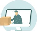 Courier give cardboard box from computer monitor display. Fast delivery concept Royalty Free Stock Photo